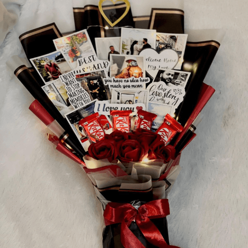 Memories in Bloom – Personalized Photo, Chocolate & Rose Bouquet