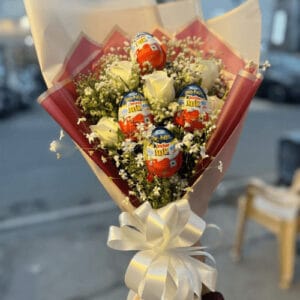 Joyful White Bloom – Kinder Joy & White Rose Chocolate Bouquet