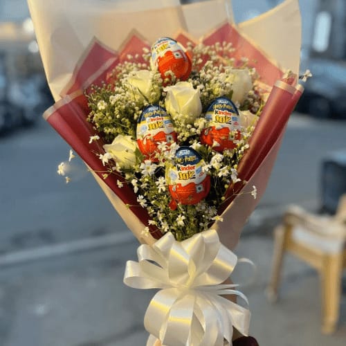 Joyful White Bloom – Kinder Joy & White Rose Chocolate Bouquet