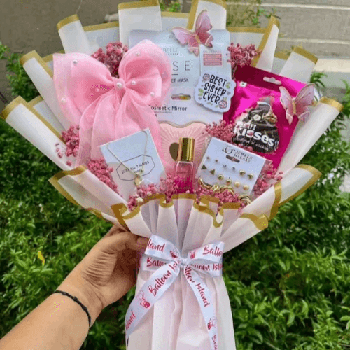Pink Pamper Bloom – Beauty, Accessories & Chocolate Gift Bouquet